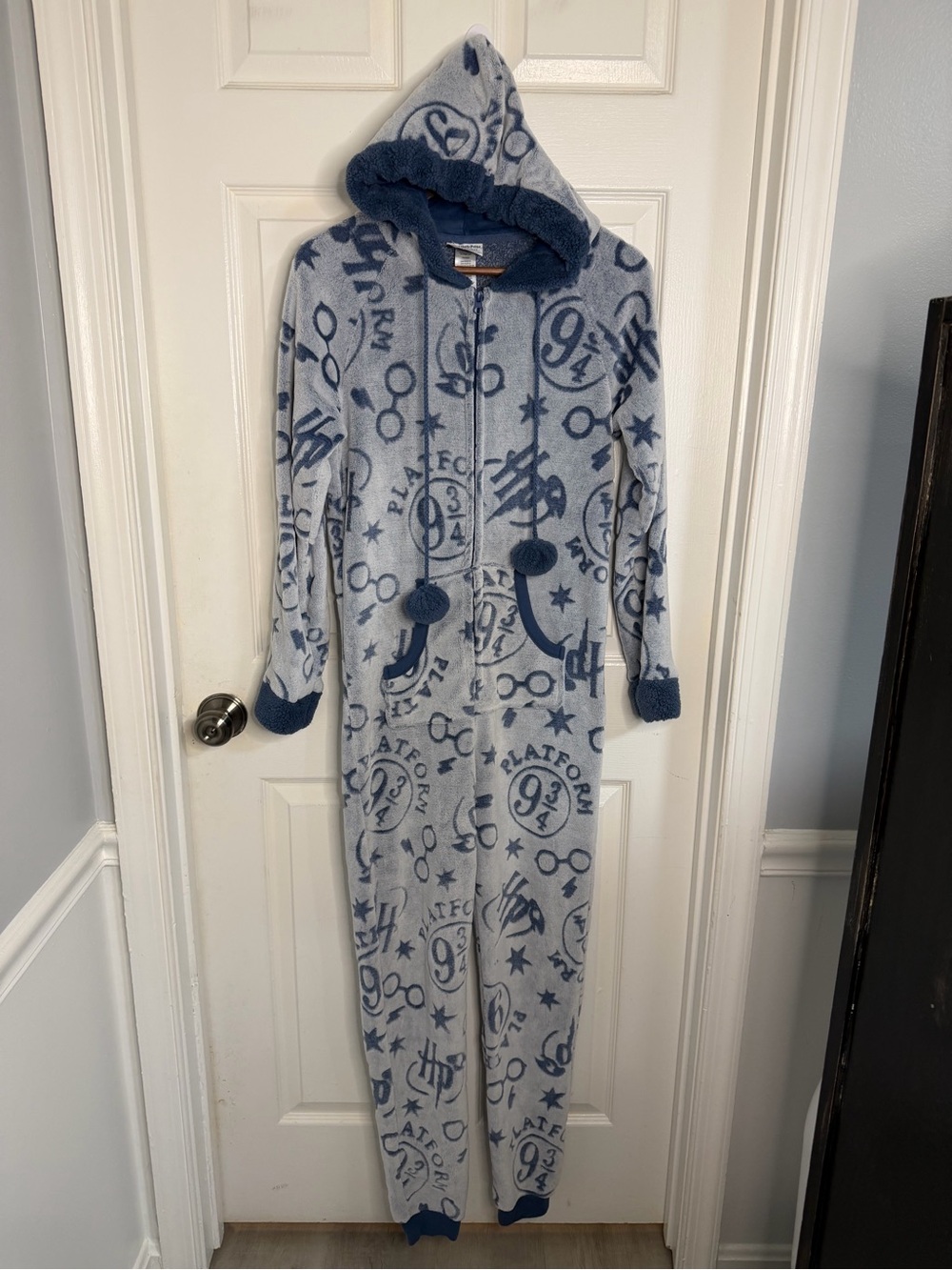 Blue Hooded Kids Fleece One-Piece Pajama with Pom-Tie Hood